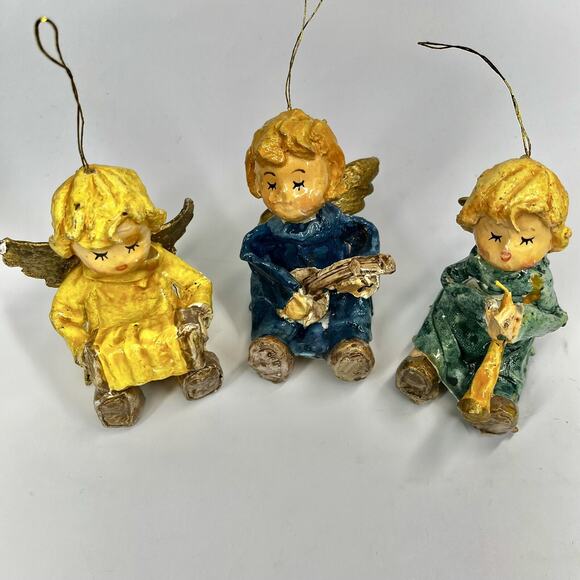 VTG Paper Mache Christmas Angel Ornament Playing Instrument Holiday Lot Of 3 - Picture 2 of 7